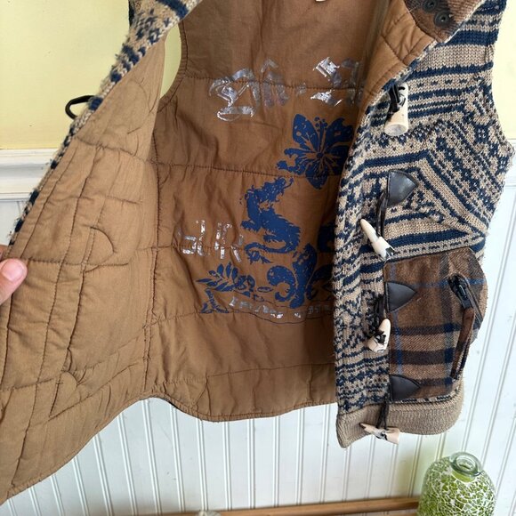 Vintage Plaid Wool Blend Toggle Vest Small Blue & Brown - Picture 8 of 9